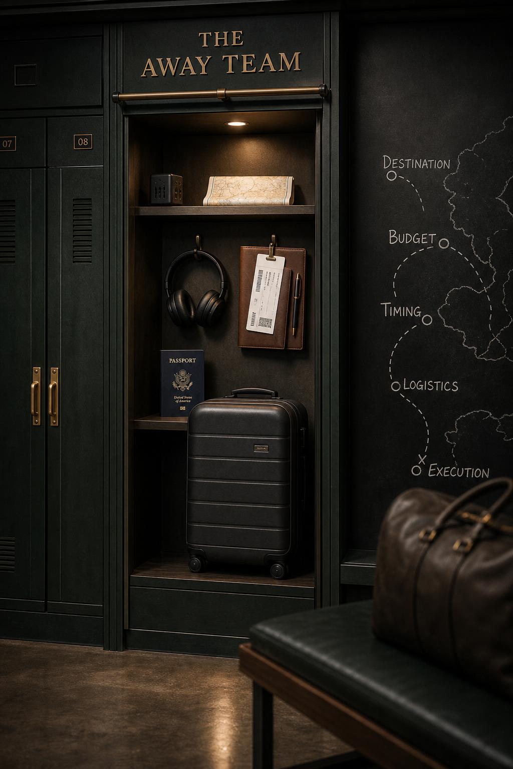 A forest-green locker room prepared for an Away Game — passport, carry-on, headphones, and a strategy board